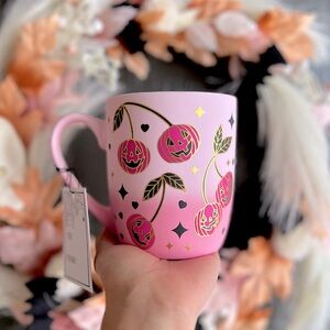 ✨NEW🎃Cobwebs and Cauldrons Soft Touch Cherry Jack o Lanterns Print Mug🩷